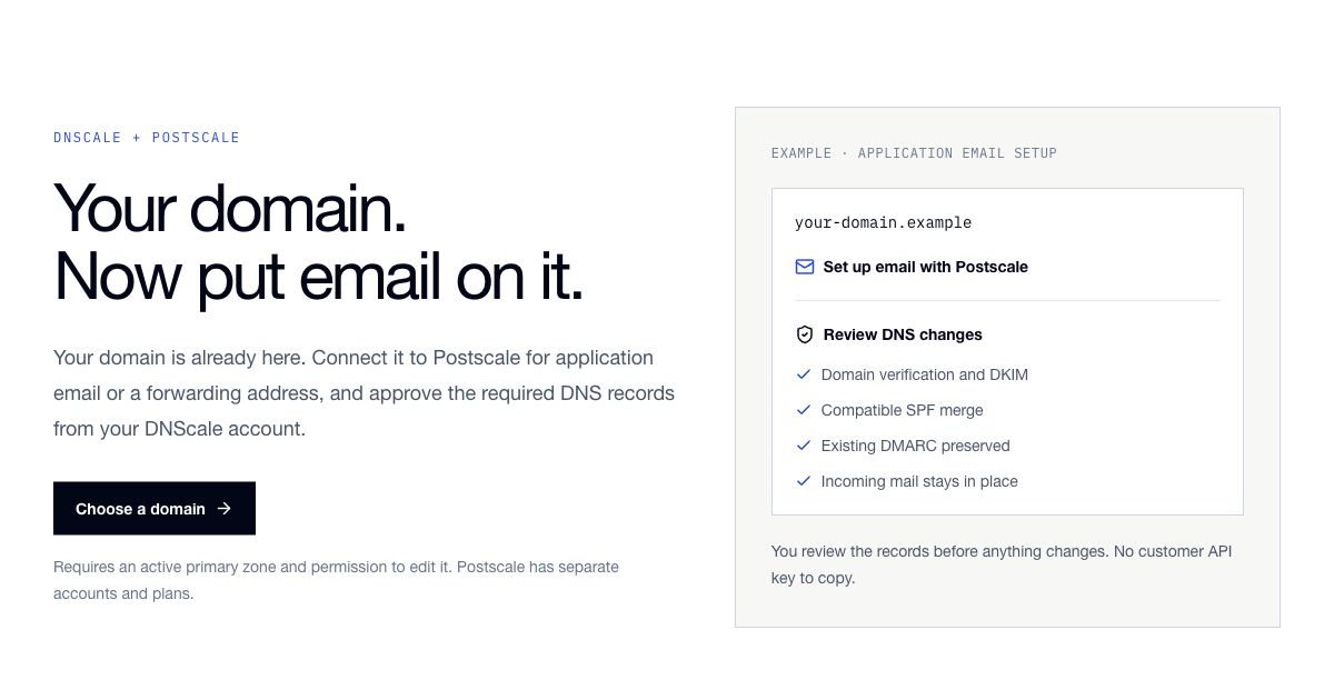 The DNScale and Postscale integration page explaining automatic email DNS setup.