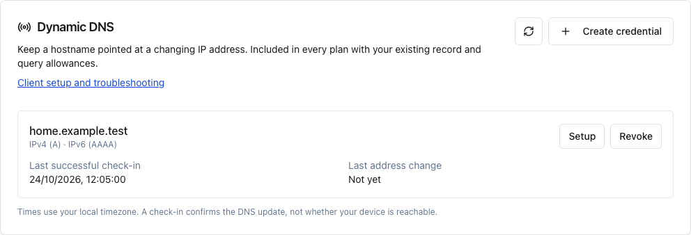 Example Dynamic DNS card showing a hostname, its enabled address families and the last successful check-in.