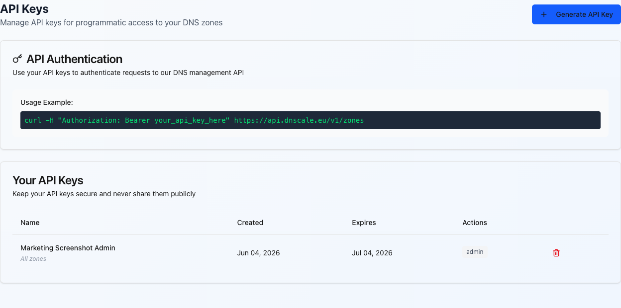 DNScale dashboard showing API authentication and API keys
