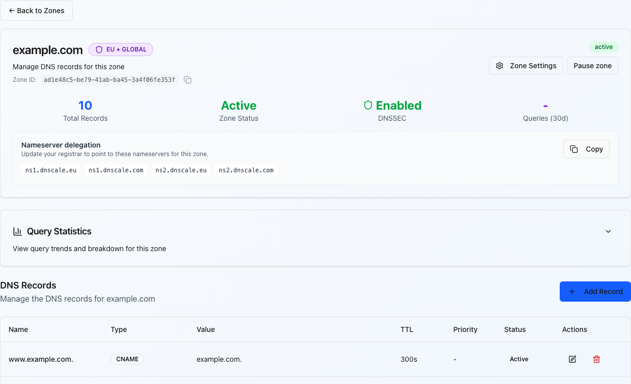 DNScale dashboard showing DNS records for example.com