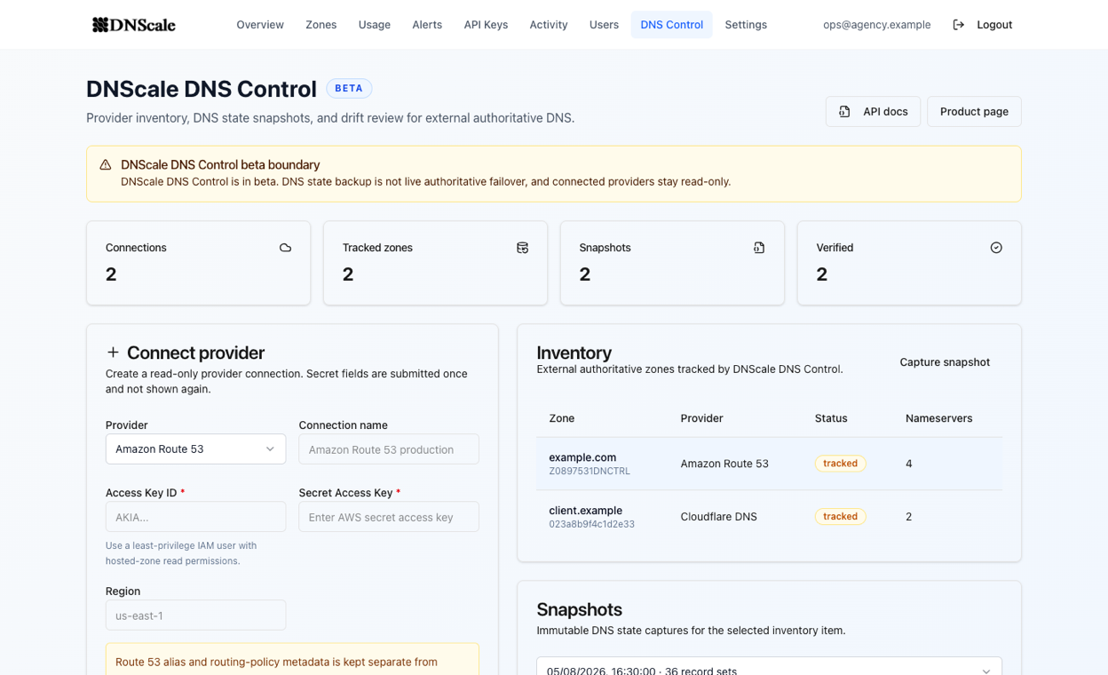 DNScale DNS Control dashboard showing provider inventory and snapshots